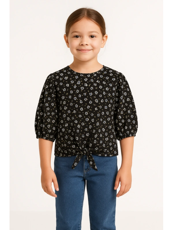 Lindex Girl's Floral Print Blouse with Front Tie, blue