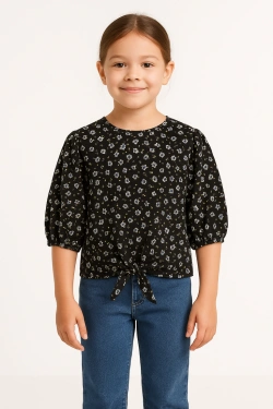Lindex Girl's Floral Print Blouse with Front Tie, blue