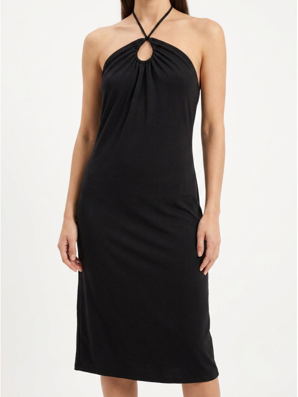 Thin Tie Halterneck Midi Jersey  Dress