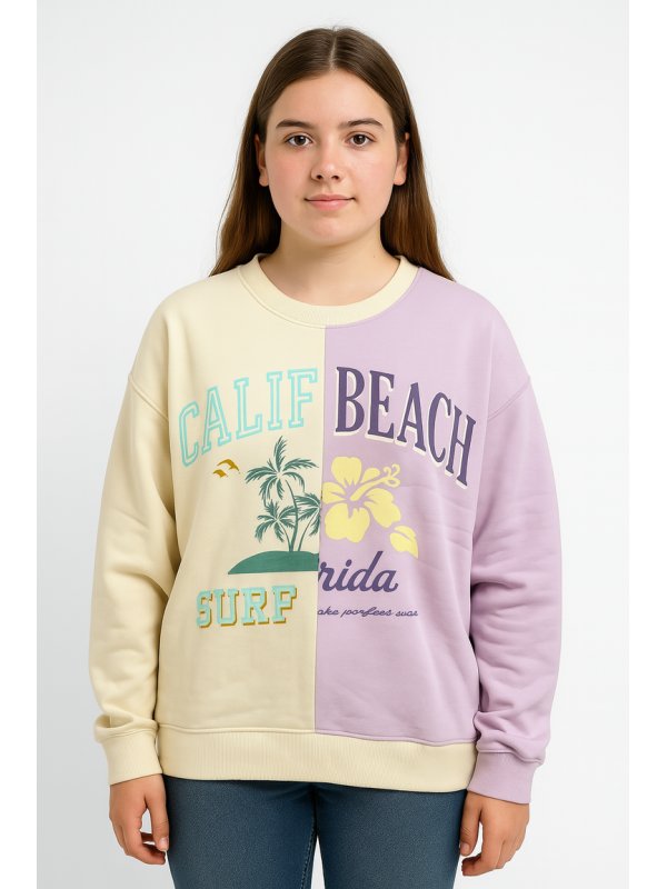 Girls' Sweatshirt with Graphic Print and Colorblock Design