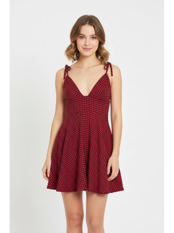 DOGTOOTH TIE STRAP SKATER DRESS - Day dress