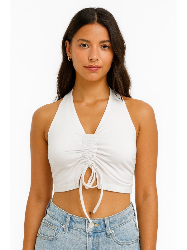 Ruched Halter Crop Top with Adjustable Front Tie