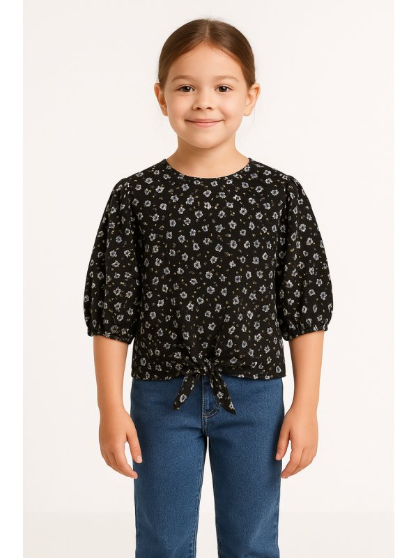Girl's Floral Print Blouse with Front Tie
